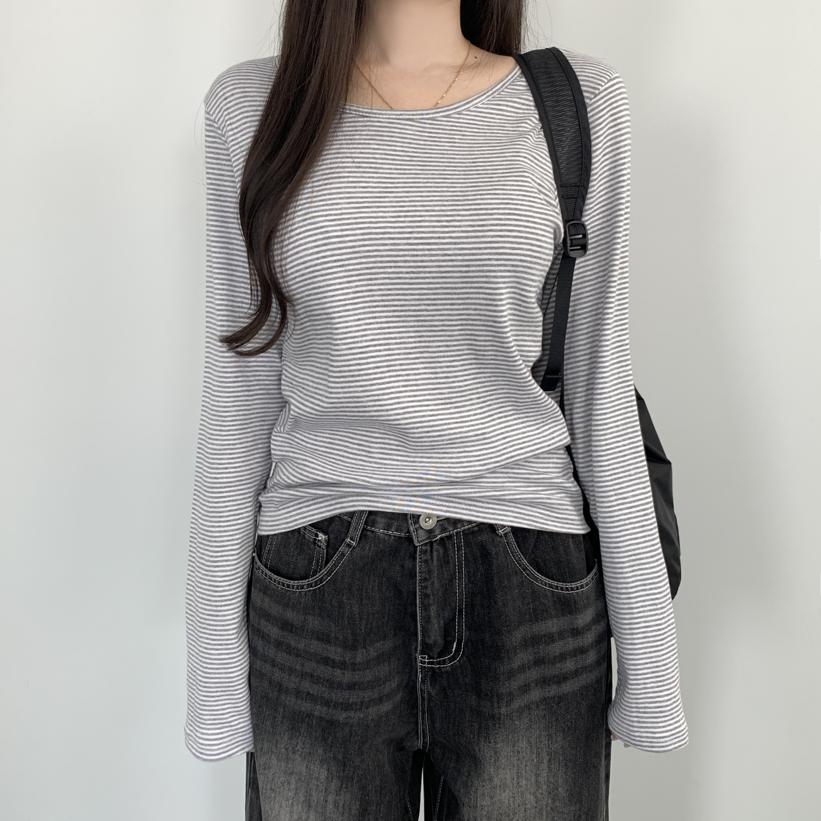 랍빠 라운드넥 치즈 단가라 롱소매 베이직 넉넉루즈핏 긴팔 티셔츠 - 상세 이미지 4