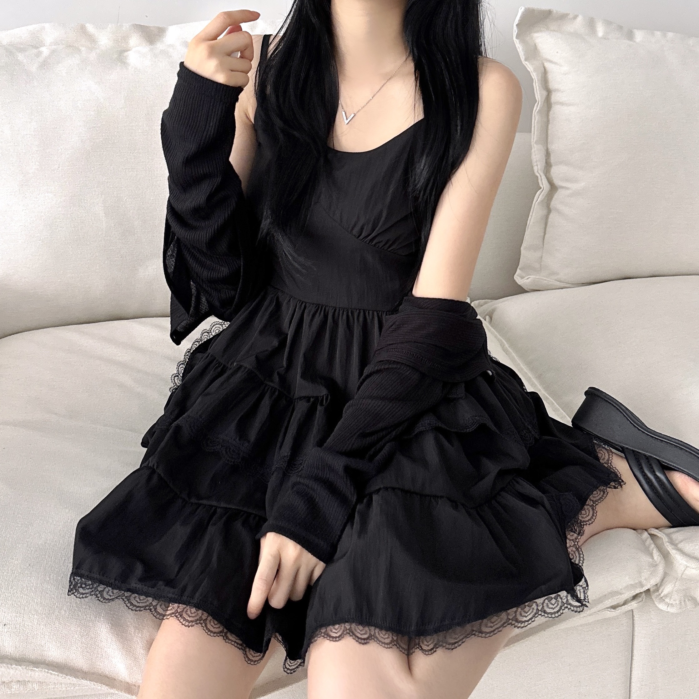 스퀘어넥 캉캉 플레어 A라인 레이어드 여리핏 나시 미니 원피스 - 상세 이미지 5