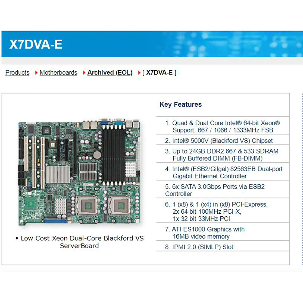 Supermicro 마더보드 쿼드 듀얼 코어 64비트 Xeon SATA 3.0Gbps DDR2 X7DVA-E용