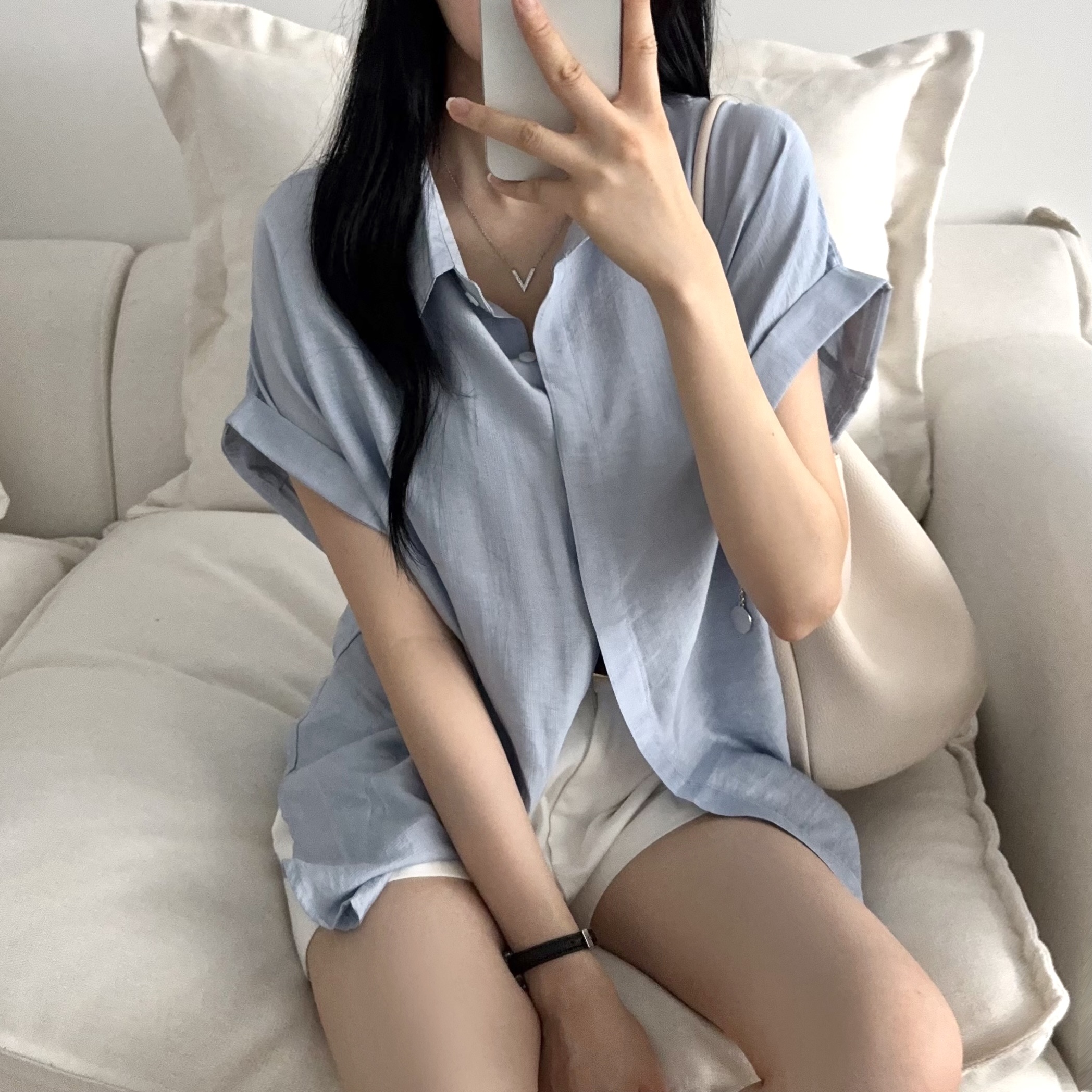 썸머 카라넥 루즈핏 히든버튼 밑단굴림 소매사선 팔뚝컷팅 군살커버 남방 반팔셔츠 이미지 6