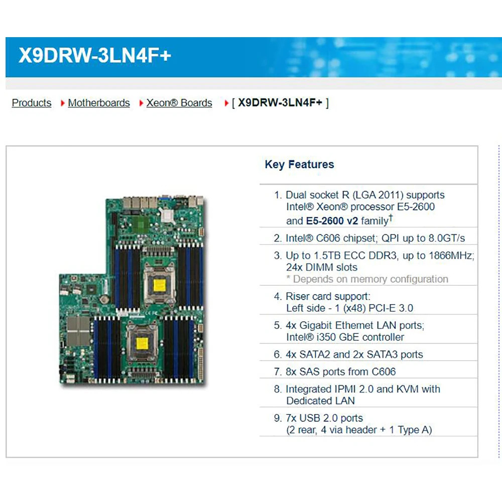 Supermicro 서버 마더보드 E5-2600 V1/V2 군C606 LGA2011 DDR3 X9DRW-3LN4F8x SAS 포트