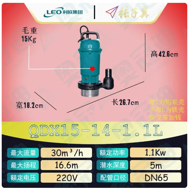 LEO QDX 소형 수펌프 단상 220V 알루미늄 쉘 QDX15-10-0.75L QDX1.5-32-0.75L QDX25-6-0.75L QDX15-14-1.1L