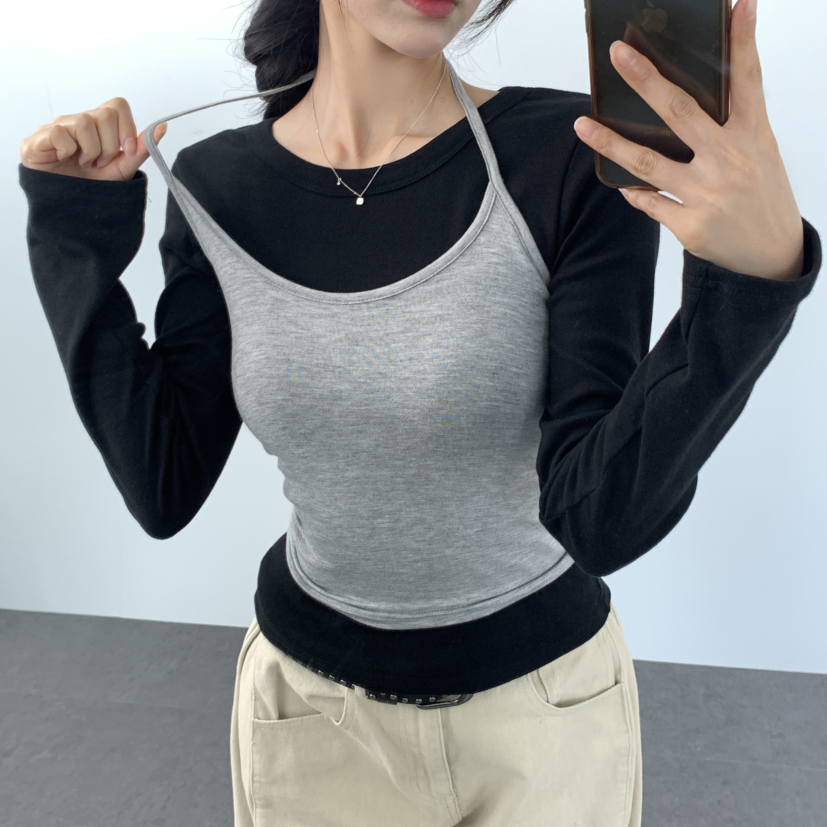 부유방커버 베이직 이너 뷔스티에 기본나시 세미 크롭 스판 골지 민소매 - 상세 이미지 4