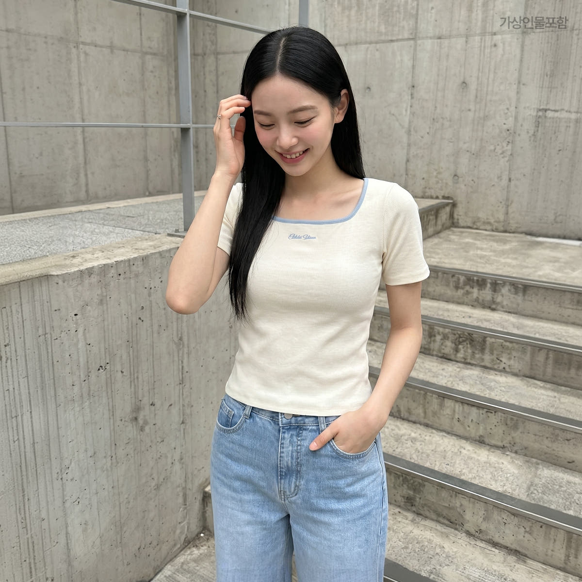 roem 로엠 스퀘어넥 자수 골지 티셔츠 RMHWG24R11