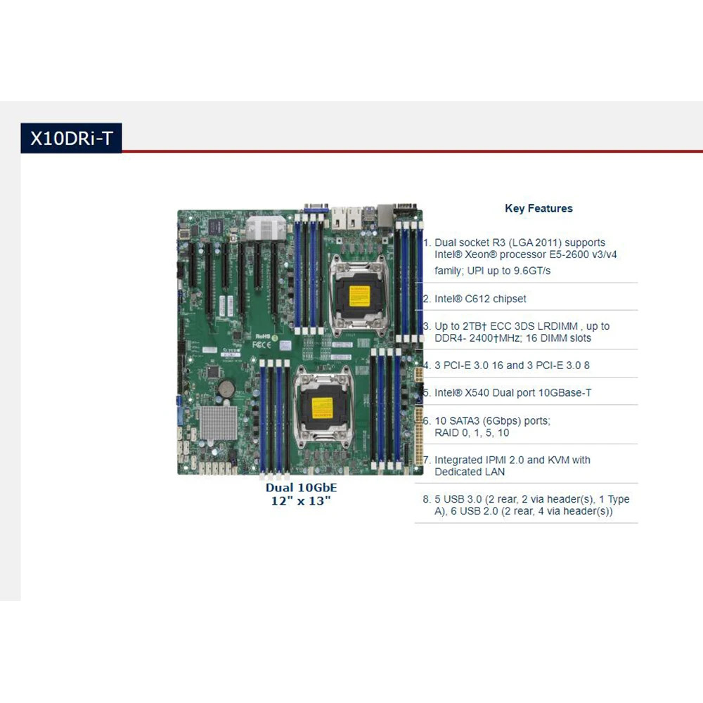Supermicro 서버 마더보드 E5-2600 v4/v3 군 지원 X540 듀얼 포트 10GBase-T LGA2011 DDR4 X10DRi-T