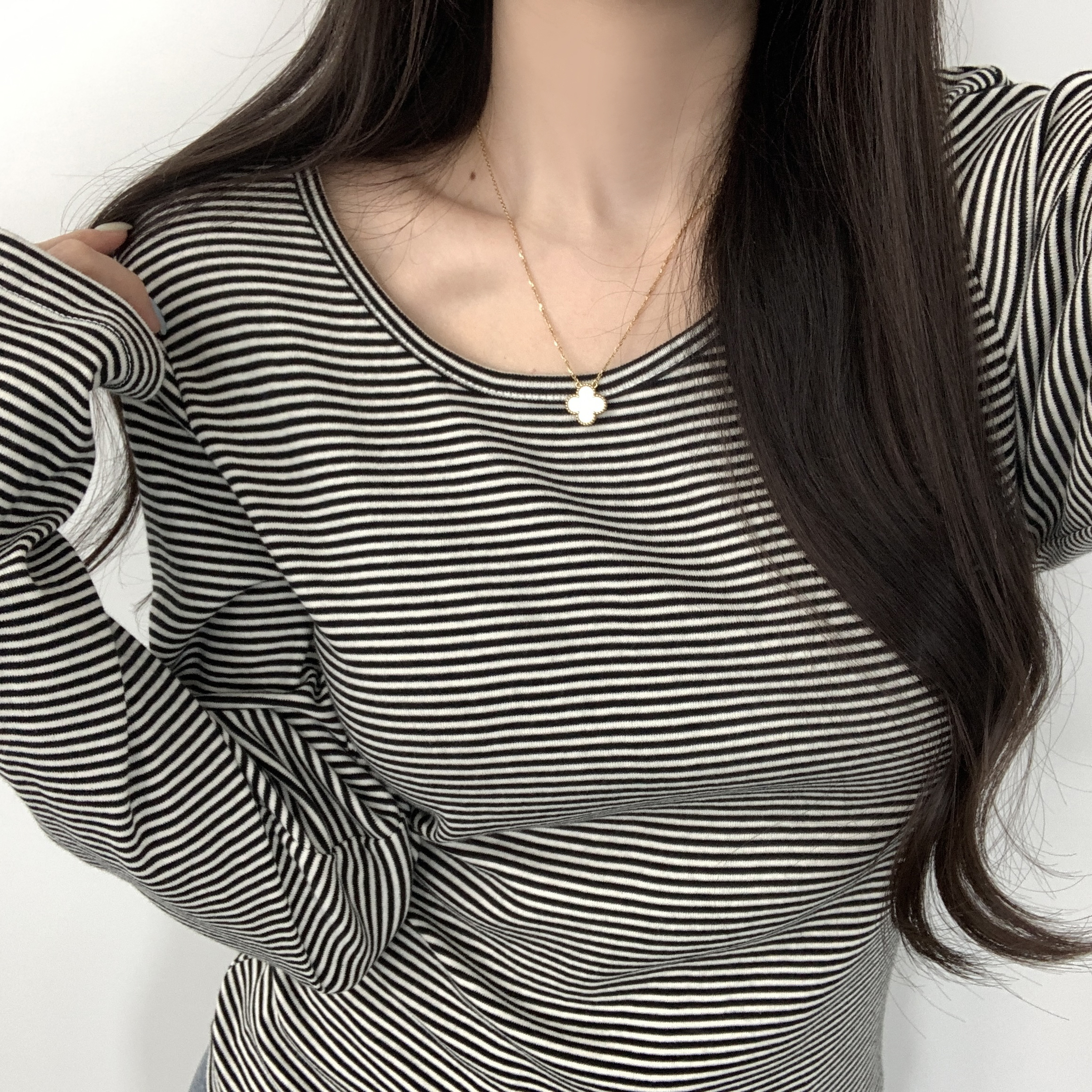랍빠 라운드넥 치즈 단가라 롱소매 베이직 넉넉루즈핏 긴팔 티셔츠 이미지 7
