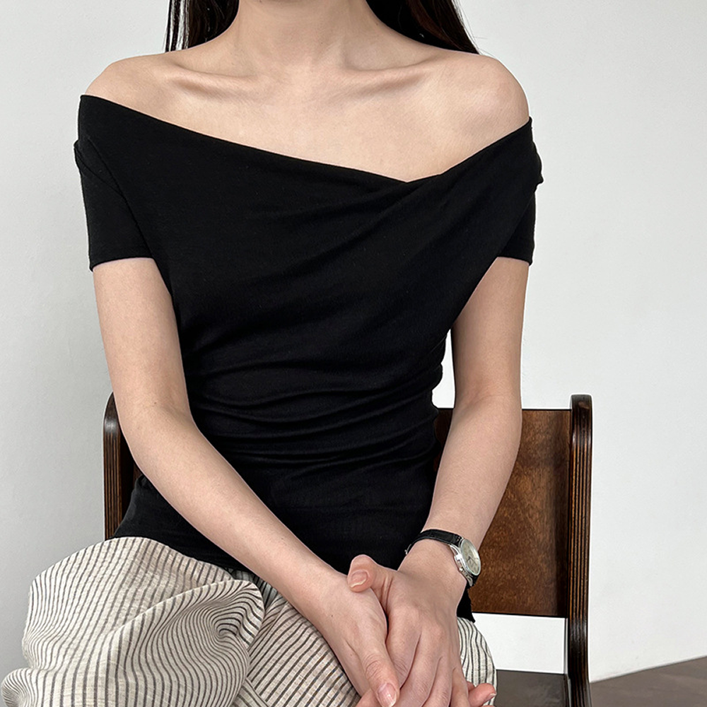 여성 셔링 반팔 티셔츠 슬림핏 오프숄더 드레이프 여리핏 데이트룩 이미지 6
