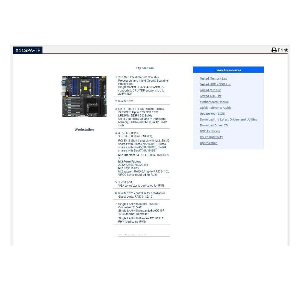 Supermicro 워크스테이션 마더보드단일 채널 LGA 3647기가비트 이더넷 포트 C621 칩 X11SPA-TF