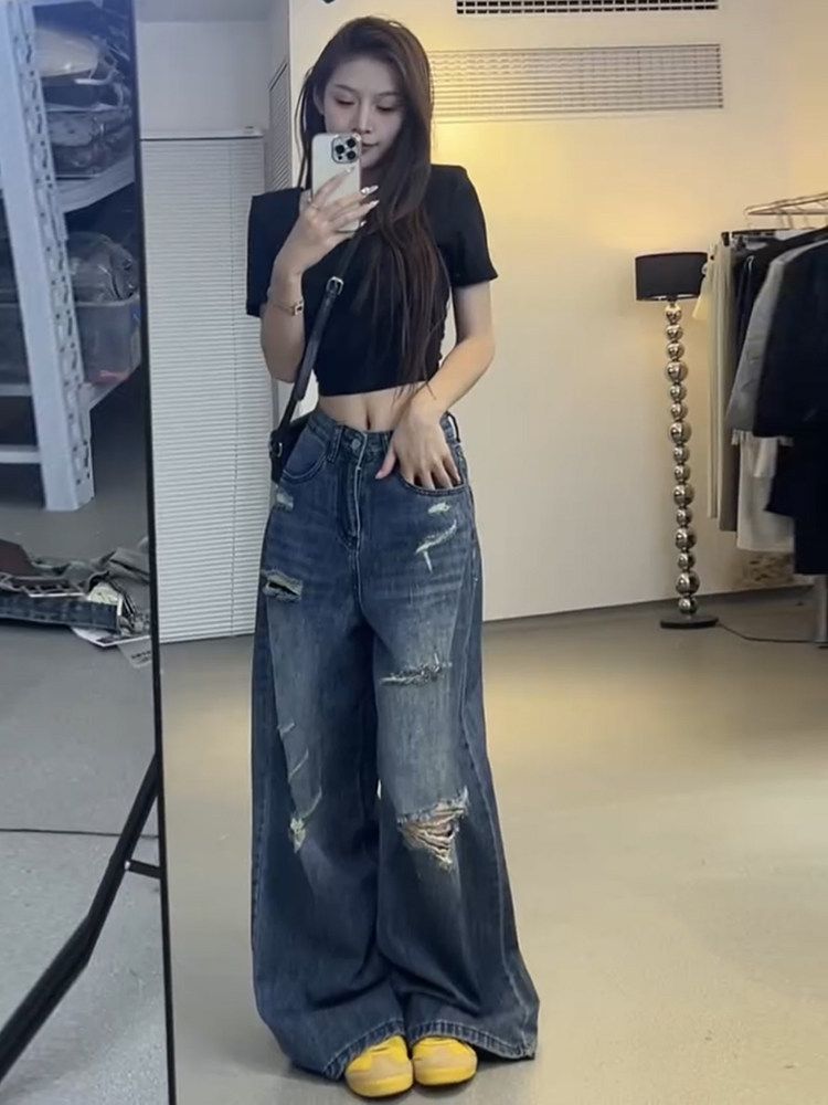 청바지 여성 스판 슬랙스 데님 일자 빅사이즈 바지 여름 밴딩 플레어 팬츠 와이드 여자 가을 블루 M - 상세 이미지 4