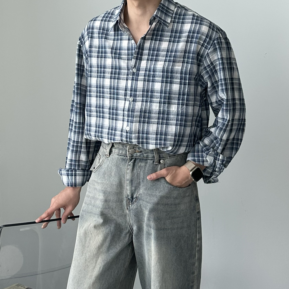남자 셔츠 구김없는 오버핏 봄 여름 체크 남방 남성 와이 셔츠 - 상세 이미지 2