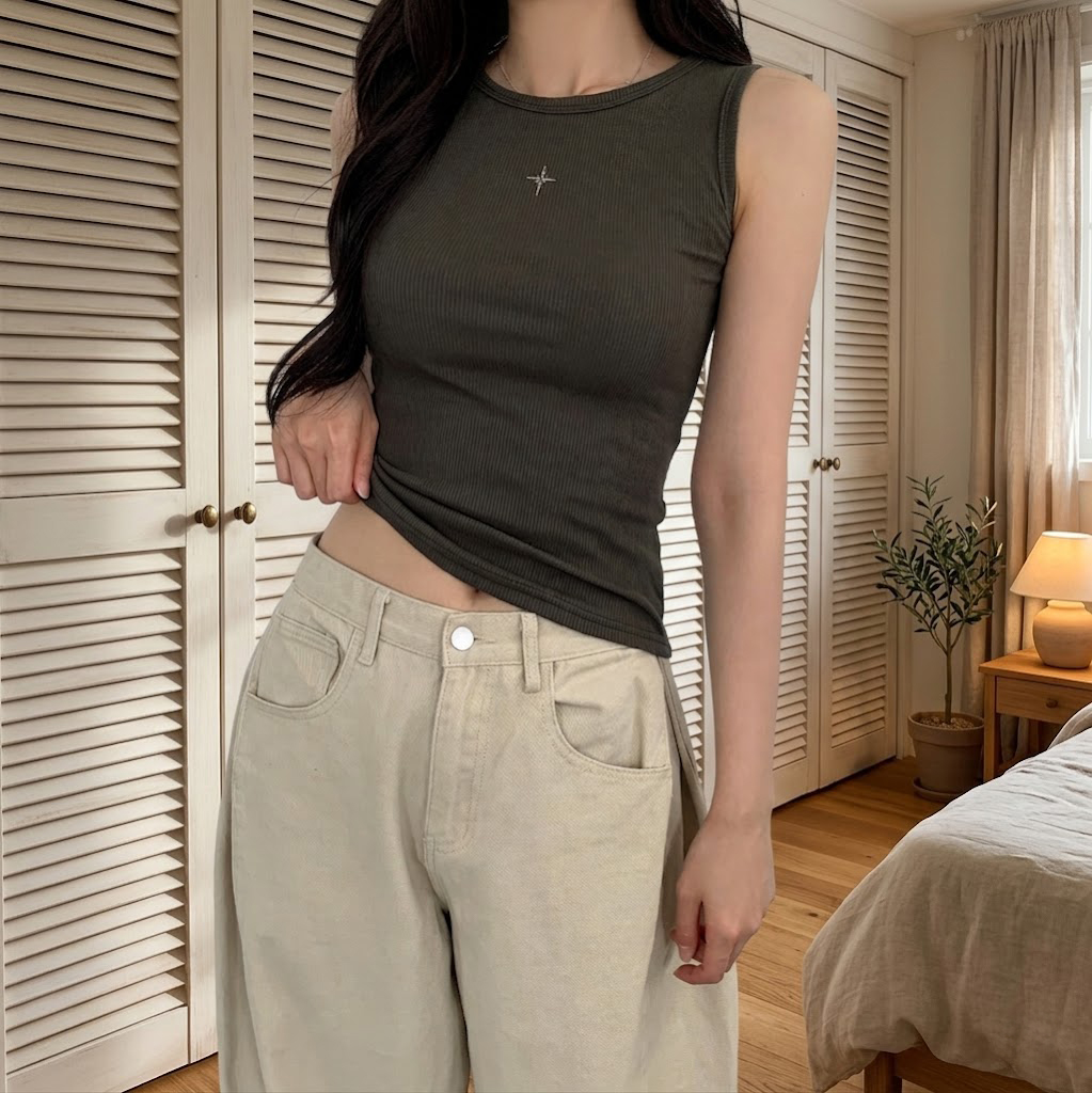 라운드넥 바이어스 골지 엔젤 프린팅 베이직 이너 기본 민소매 나시 이미지 6