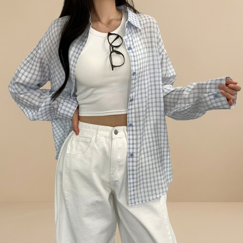간절기 여름 체크 오버핏 남방 얇은아우터 긴팔 셔츠 이미지 6