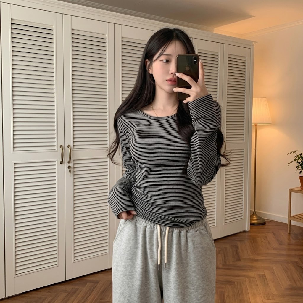 랍빠 라운드넥 치즈 단가라 롱소매 베이직 넉넉루즈핏 긴팔 티셔츠 - 상세 이미지 2