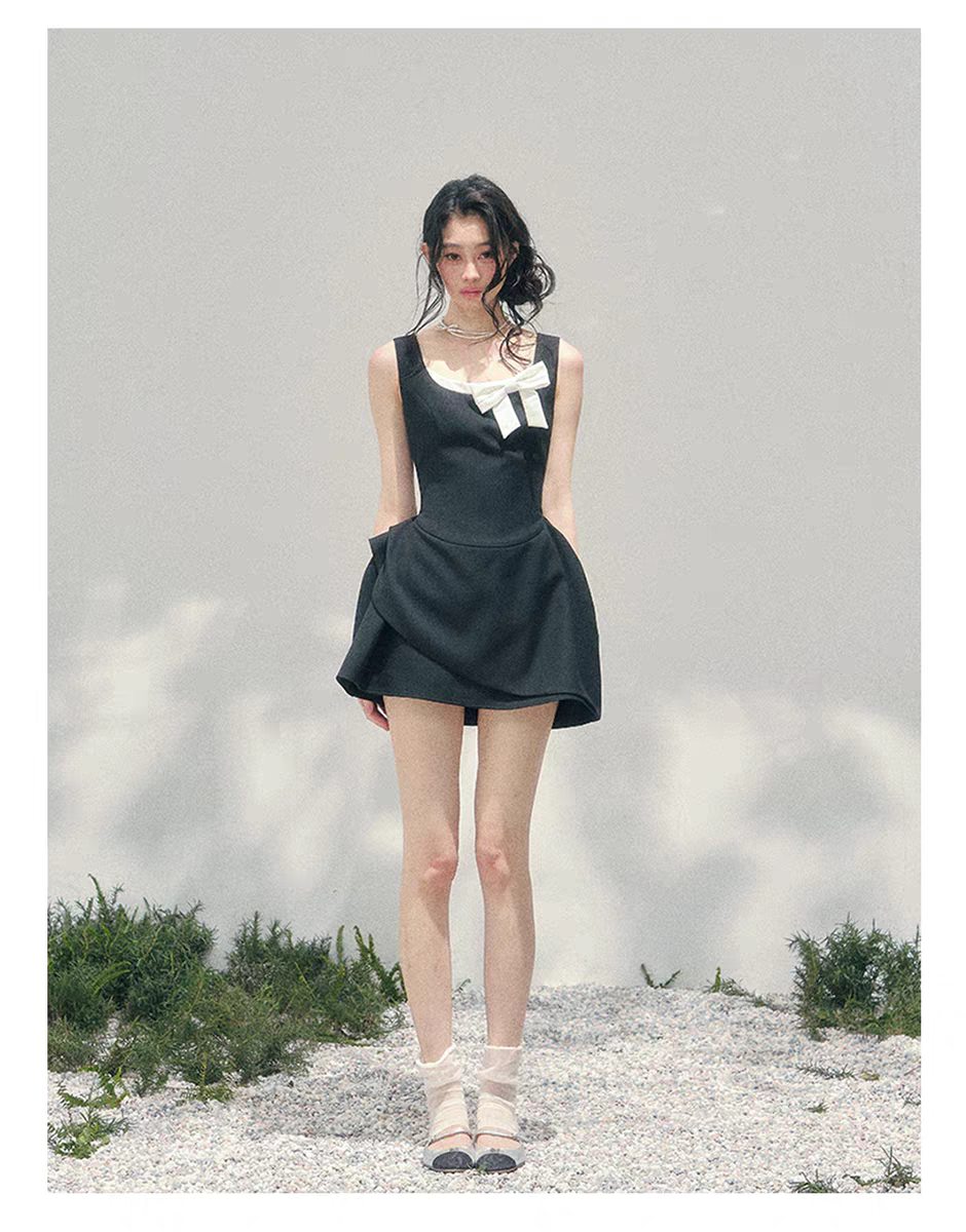 리본 미니 웨딩드레스 블랙 핑크 셀프웨딩 졸업사진 브라이덜 파티 원피스 스냅촬영룩 - 상세 이미지 5
