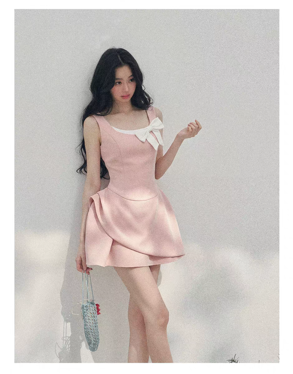 리본 미니 웨딩드레스 블랙 핑크 셀프웨딩 졸업사진 브라이덜 파티 원피스 스냅촬영룩 이미지 8