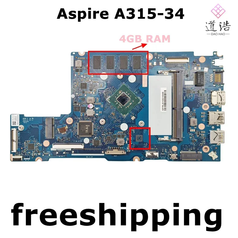 에이서 아스파이어 A315-34 노트북 마더보드NB8609PCBMBV4 NBHE 311002 CPU 4GB RAM DDR4 메인보드 완전 작동 리퍼