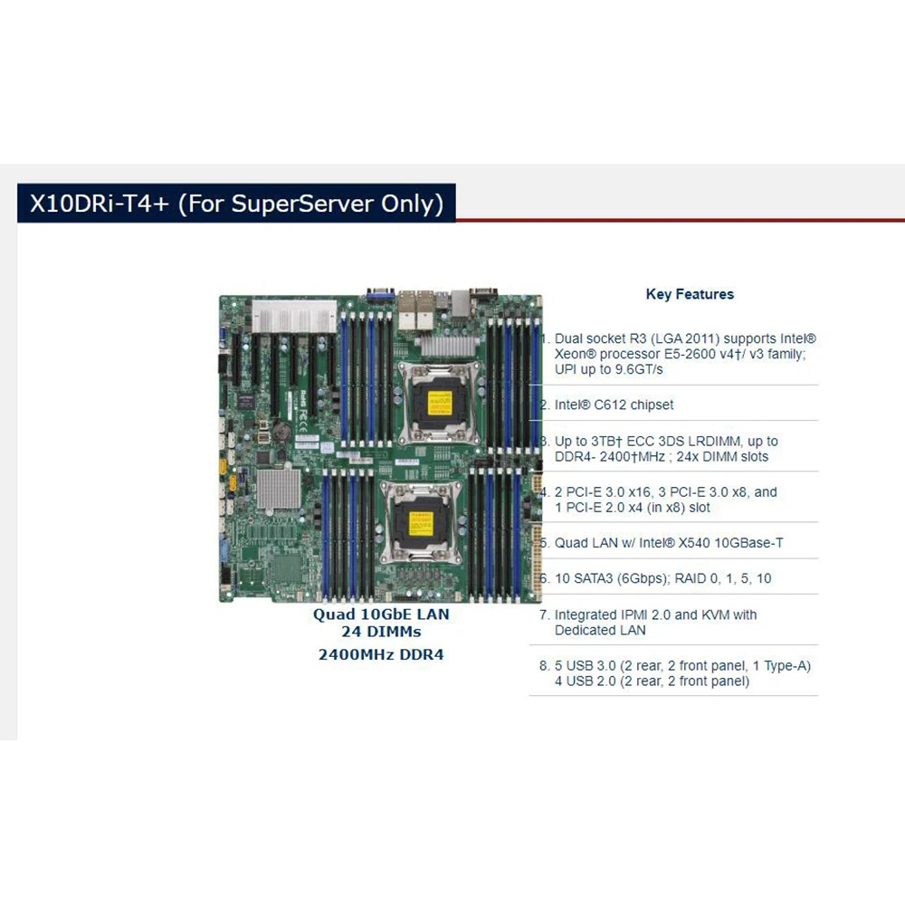 Supermicro 서버 마더보드 E5-2600 v4/v3 군 쿼드 LANX540 10GBase-T LGA2011 DDR4 X10DRi-T4 포함