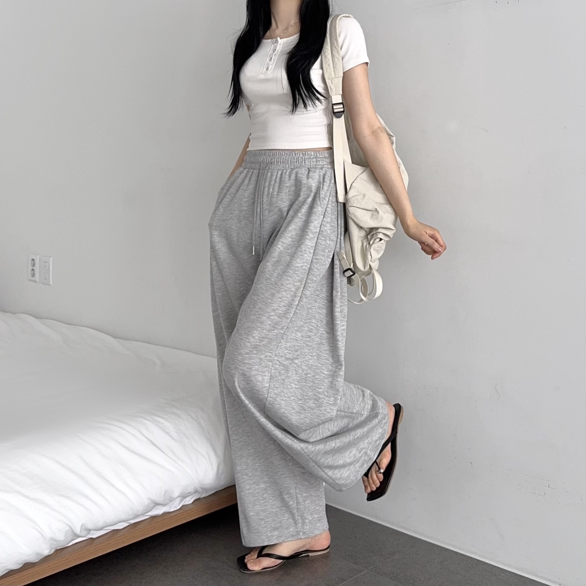 매쉬원단 허리밴딩 썸머 와이드 허얇골넓 사이드핀턱 와이드 롱 면팬츠 - 상세 이미지 2