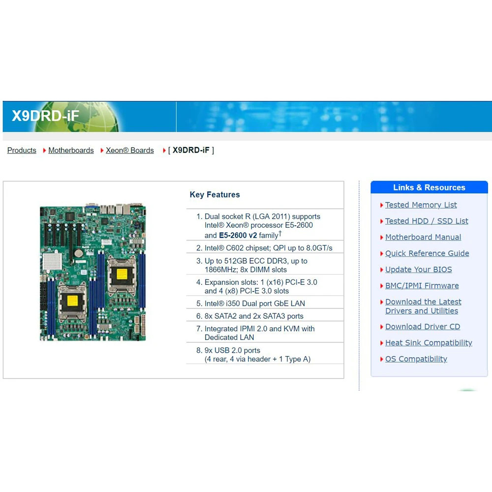 Supermicro 서버 마더보드 LGA2011 E5-2600 군 C602 ECC DDR3 PCI-E3.0 SATA3 SAS2 IPMI2.0 듀얼 포트 GbE LAN X9DRD-