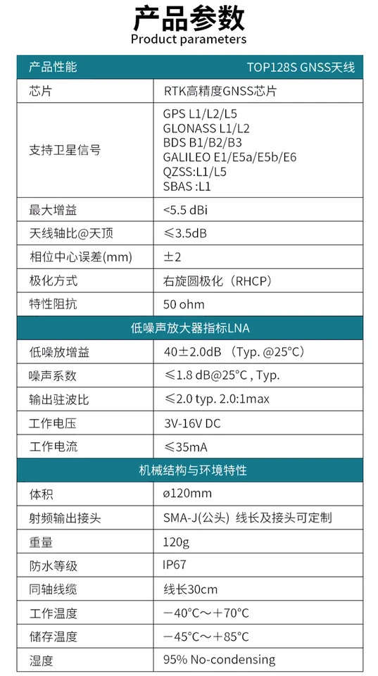 RTK 고정밀 GNSS 측정 안테나 위성 주파수 내장 Beidou 포지셔닝 TOP128S