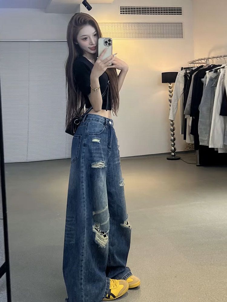 청바지 여성 스판 슬랙스 데님 일자 빅사이즈 바지 여름 밴딩 플레어 팬츠 와이드 여자 가을 블루 M - 상세 이미지 3