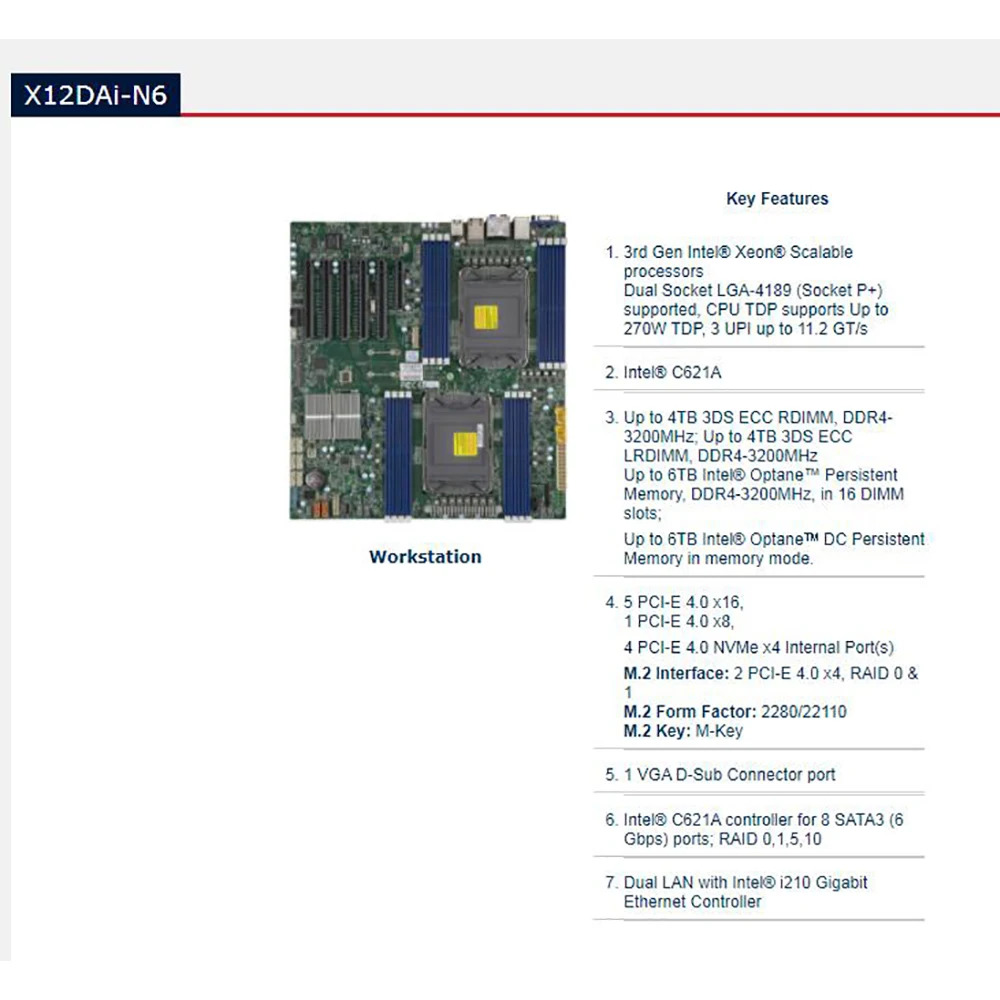 Supermicro 워크스테이션 마더보드X12DAI-N6 LGA-4189 DDR4 Xeon 확장 프로세서 PCI-E 4.0 M.2 지원