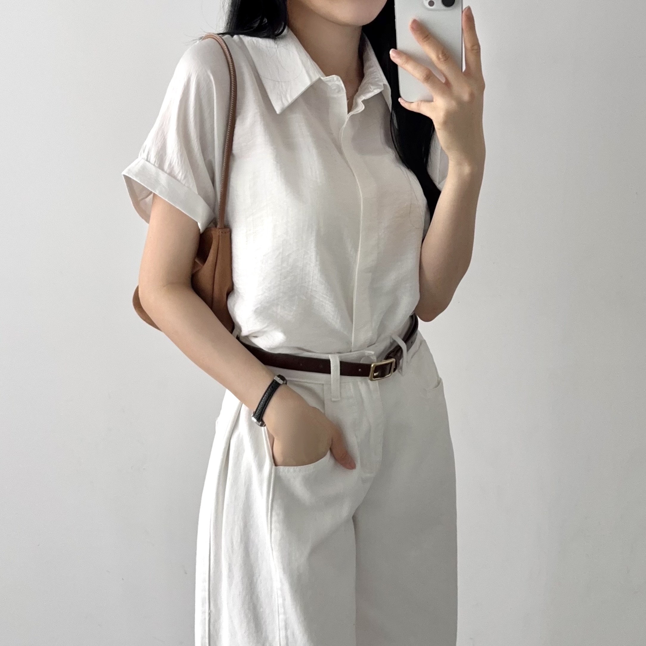 썸머 카라넥 루즈핏 히든버튼 밑단굴림 소매사선 팔뚝컷팅 군살커버 남방 반팔셔츠 이미지 7