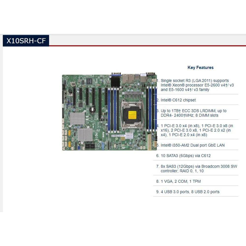 Supermicro 서버 마더보드 E5-1600/2600 V3/V4 군 프로세서 ECC i350-AM2 듀얼 포트 GbE LAN LGA2011 DDR4 X10SRH-CF