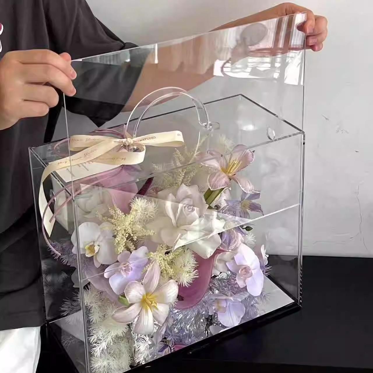 플라워 아크릴백 미러형 쇼핑백 꽃다발 손잡이 조화꽃 투명가방 스승의날 선물용 봉투 - 상세 이미지 5