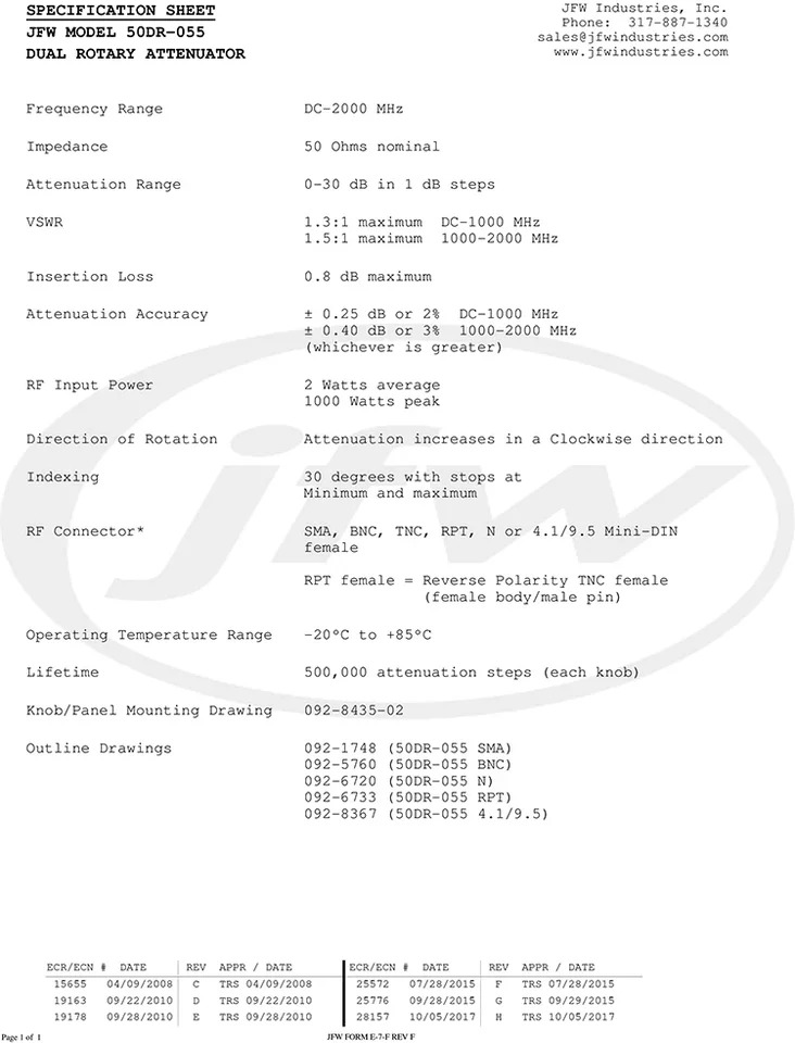 JFW 50DR-055 DC-2GHz 조절식 스텝 감쇠기 0-30dB 1dB 2W SMA RF