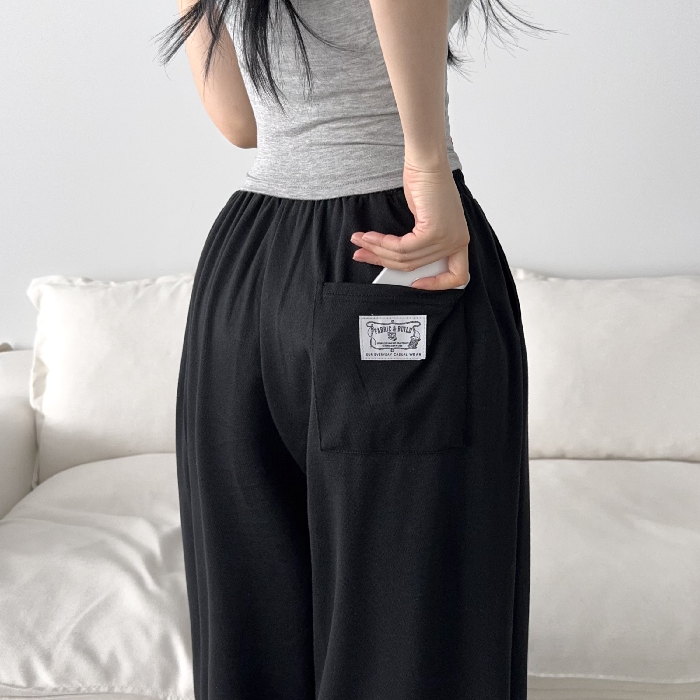썸머 쿨 밴딩 스트랩 전면 핀턱 패치포인트 와이드 밑단 스트링 롱 팬츠 이미지 7