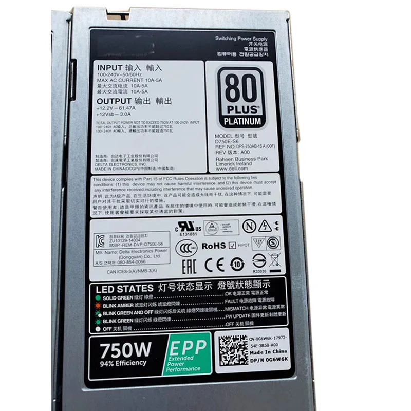 Dell R530/R630/R730/R730XD/R740/T630 750W G6W6K D750E서버 전원공급장치전리퍼