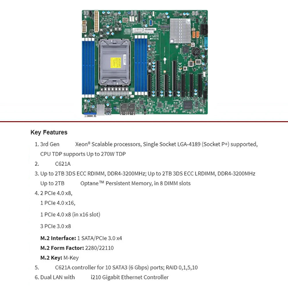 슈퍼마이크로 서버 마더보드 X12SPL-FLGA-4189 DDR4-3200MHz C621A 10XSATA 3