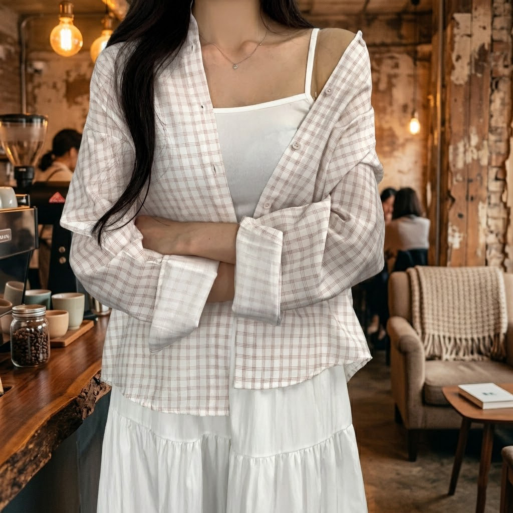 간절기 여름 체크 오버핏 남방 얇은아우터 긴팔 셔츠 - 상품 이미지