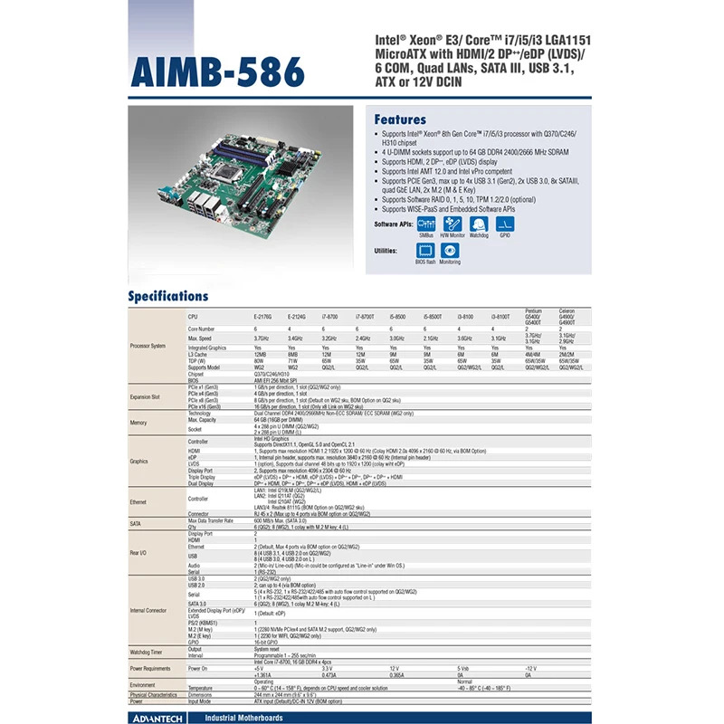 산업컴퓨터 마더보드는 8/대 프로세서 AIMB-586 REV.A1 AIMB-586WG2-00A1E를 지원
