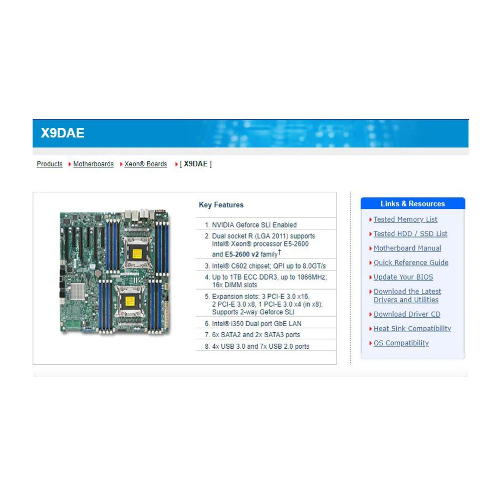 서버 마더보드 듀얼 LGA2011 지지대 E5-2600 V1 V2 패밀리 ECC DDR3 양방향 지포스 SLI X9Dae 지원