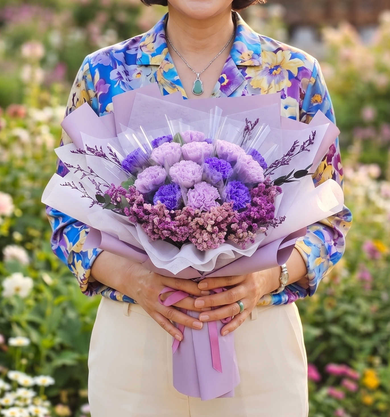 비누꽃 카네이션 어버이날 스승의날 꽃다발 선생님 돈다발 선물 보라카네이션장미15송이 - 메인 이미지
