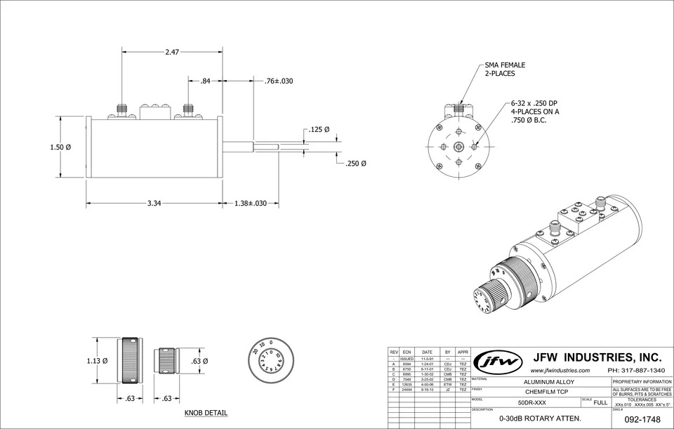 JFW 50DR-055 DC-2GHz 조절식 스텝 감쇠기 0-30dB 1dB 2W SMA RF