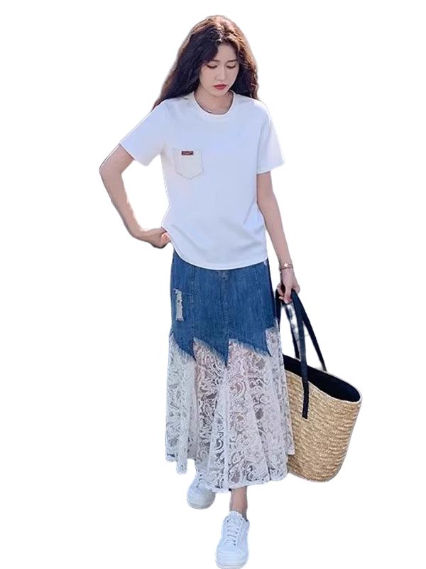 레이스 청스커트 여름용 치마 특이한청치마 레이스데님치마 트렌드세트 투피스 - 상세 이미지 2
