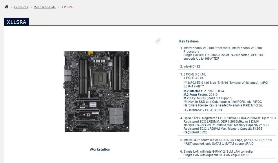 슈퍼마이크로 마더보드X11SRA Xeon W-2100 W-2200 프로세서 LGA-2066 DDR4 LAN 파이 I219LM / AQC108
