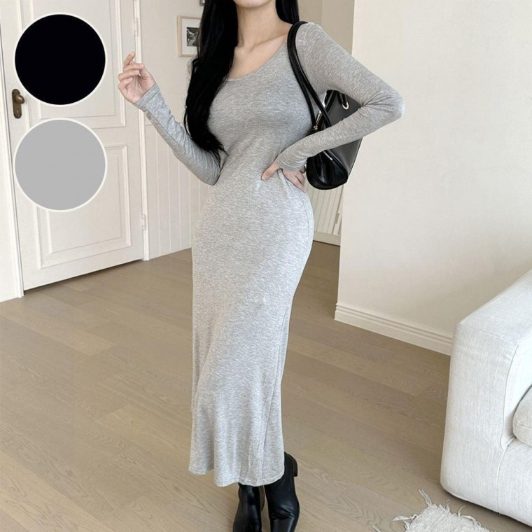 긴팔 롱원피스 꾸안꾸 면 슬립 봄 가을 기본 홈드레스 미시룩 항아리 바캉스 면스판 - 상품 이미지
