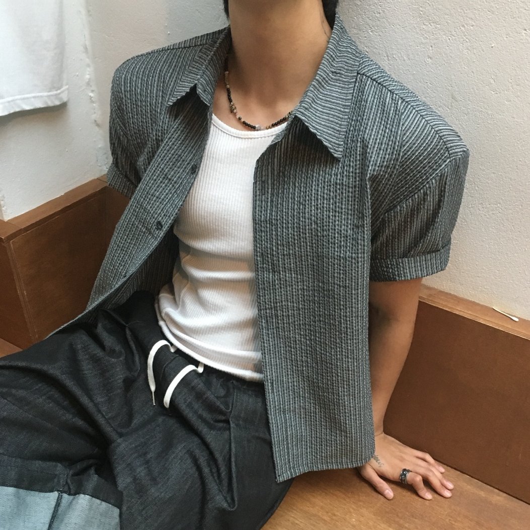 시어서커 린넨 반팔셔츠 크롭 체크셔츠 - 상품 이미지
