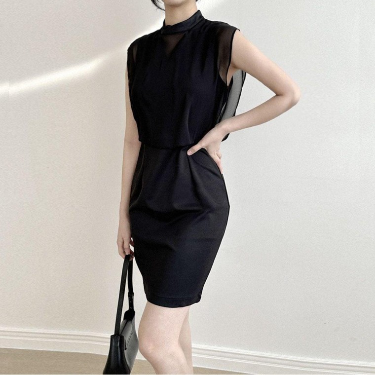 블랙 여성 원피스 프릴 H라인 슬림핏 하객룩 드레스 홀복 상견례 오피스룩 결혼식 정장 - 상품 이미지
