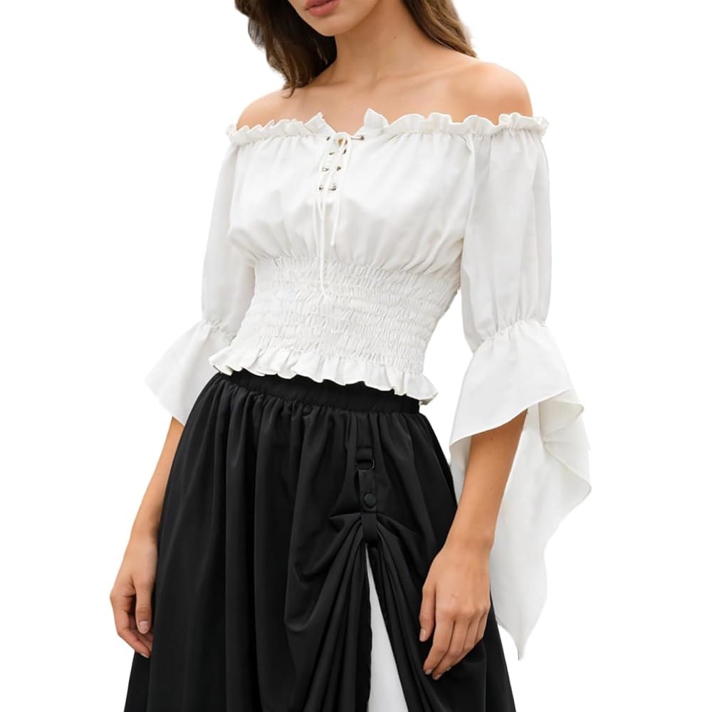 여성 해적 중세 블라우스 오프숄더 롱 벨 슬리브 르네상스 탑 빈티지 레이스 업 농민 셔츠 White Medium - 상품 이미지