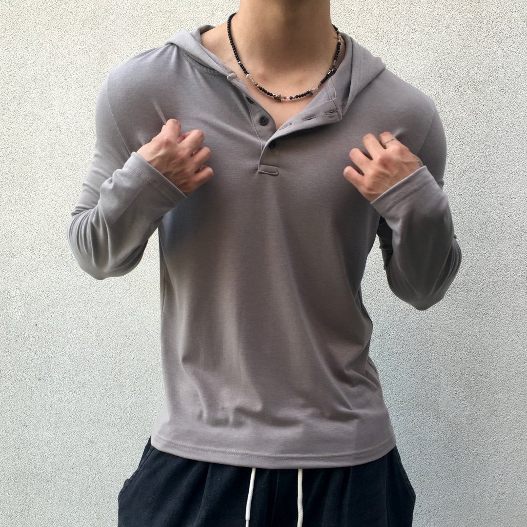 헨리넥 후드 긴팔티 롱슬리브 남녀공용 슬림핏 롱슬리브 - 상품 이미지