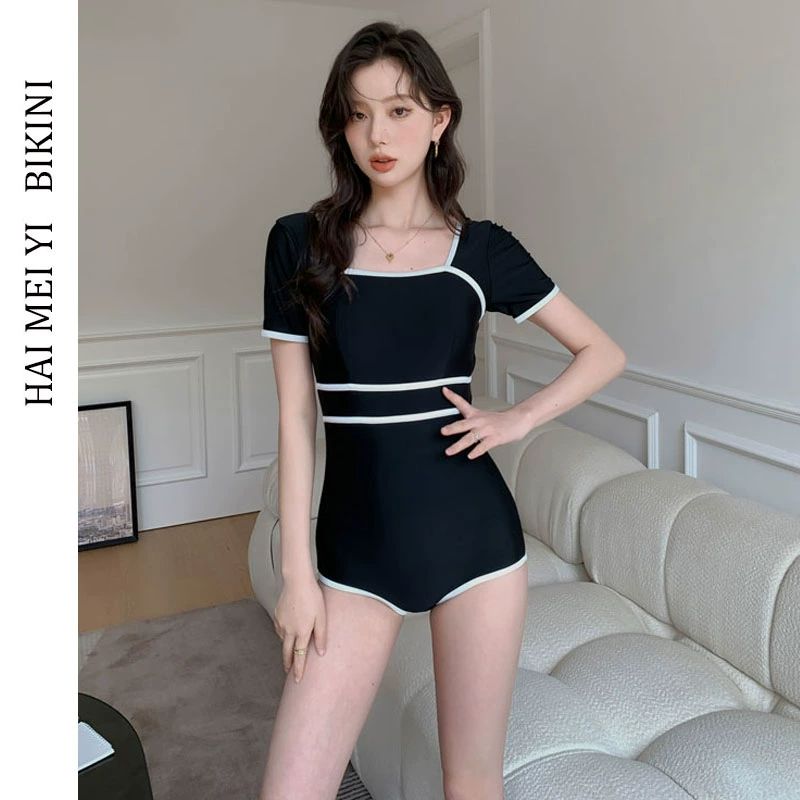 배색 원피스수영복 긴팔 비치웨어 스윔웨어 빅사이즈 집업 여름 올인원 브이넥 - 상품 이미지