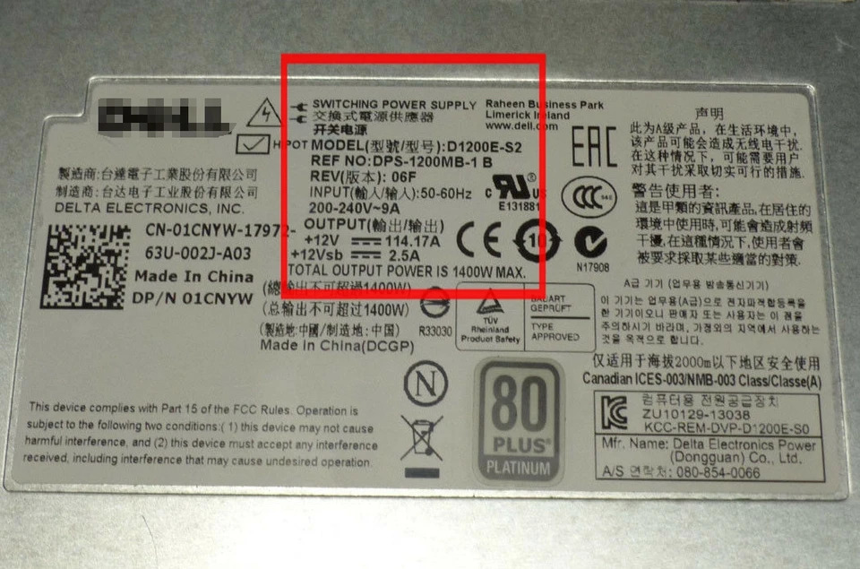 D1200E-S2 DPS-1200MB-1 B DELL MAX 1400W 서버 전원공급장치