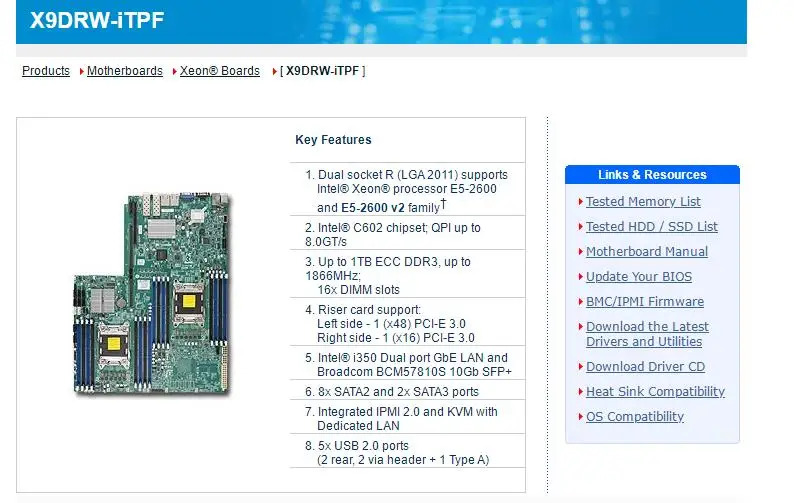 슈퍼마이크로 마더보드X9DRW-iTPF LGA 2011 Xeon E5-2600 v1 v2 i350 듀얼 포트 GbE LAN Broadcom BCM57810S 10Gb SFP