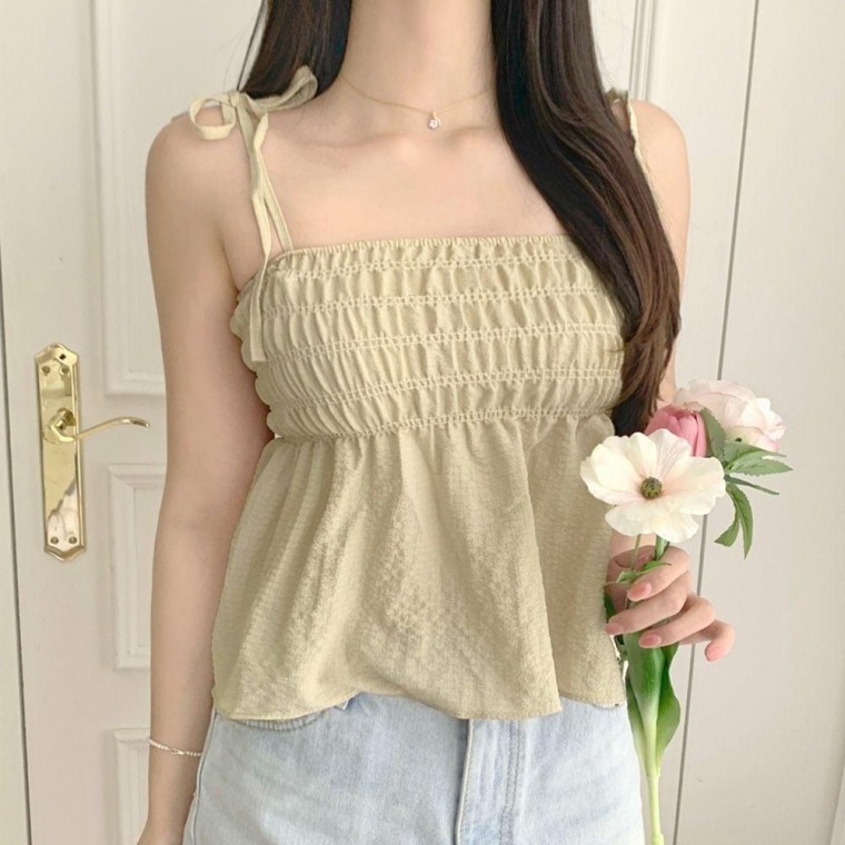 나시 뷔스티에 블라우스 리본 프릴 플레어 휴양지룩 데일리룩 여성 바캉스룩 민소매 끈나시 - 상품 이미지