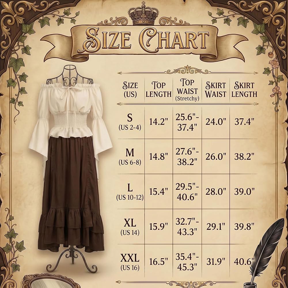 9 PCS 해적 의상 여성 세트, 오프숄더 탑 드로스트링 스커트와 코르셋, 르네상스 할로윈 Black Small - 상세 이미지 2